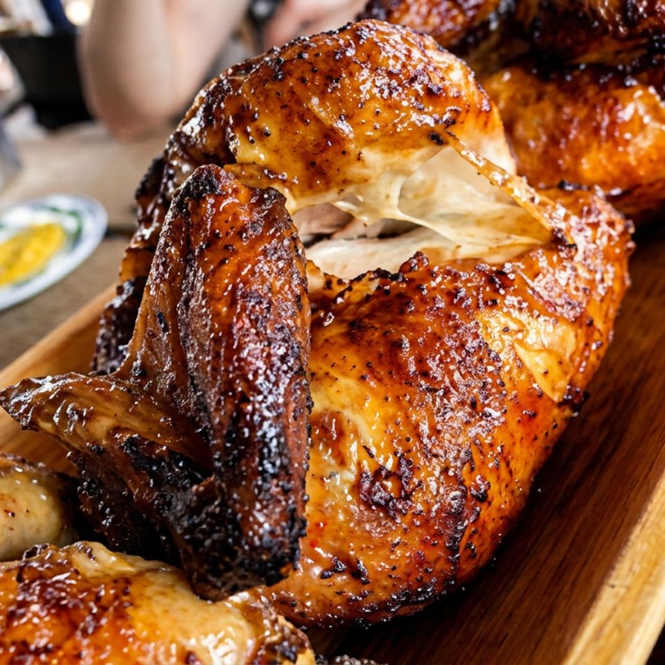 Glazed roasted chicken pieces arranged in a wooden serving tray on a restaurant table.