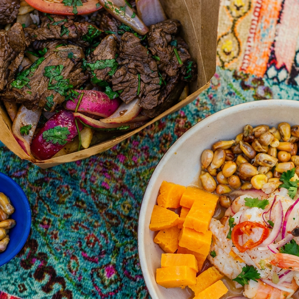 Overhead view of grilled beef with herbs, shrimp salad, sweet potatoes, peanuts, and lettuce on a colorful woven rug.