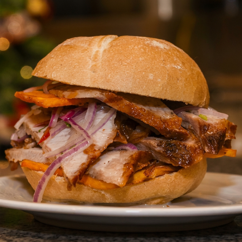 Loaded roast pork sandwich with roasted vegetables and red onion on a white plate, set against festive Christmas lights.
