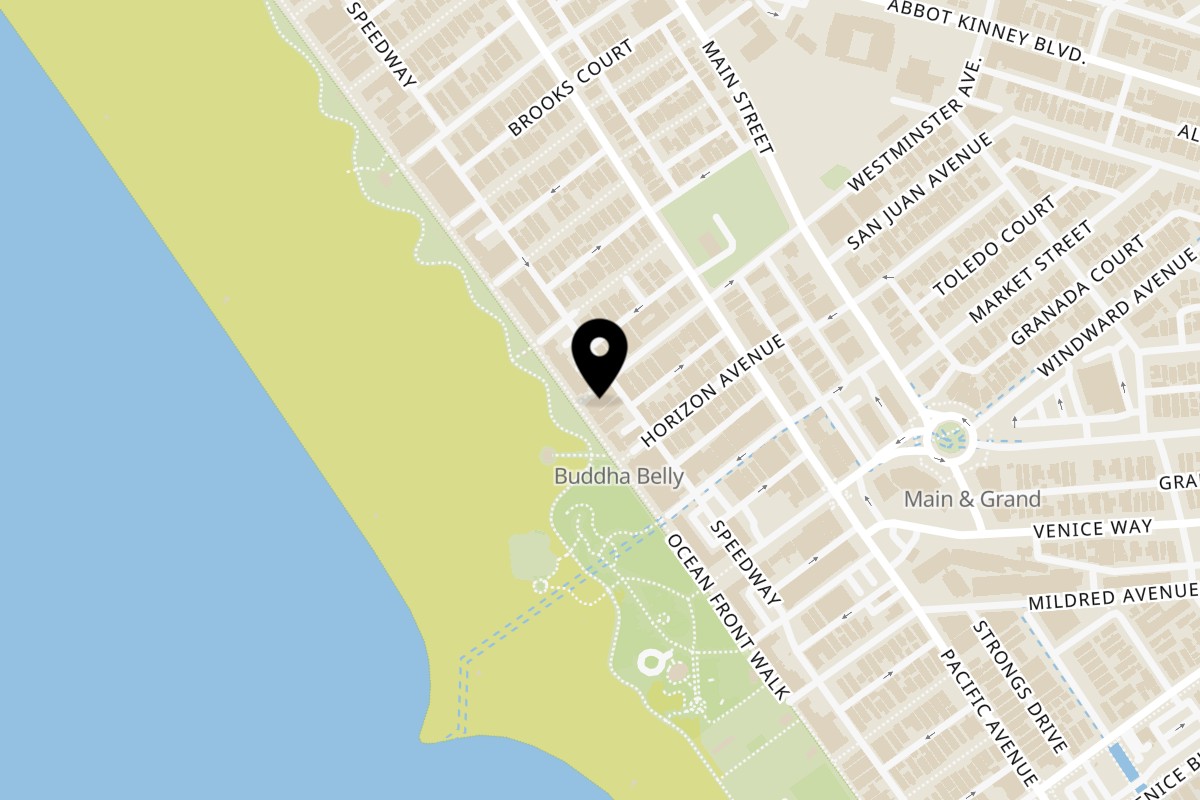 Map showing the location of El Huarique Venice Beach on 1301 Ocean Front Walk in Venice